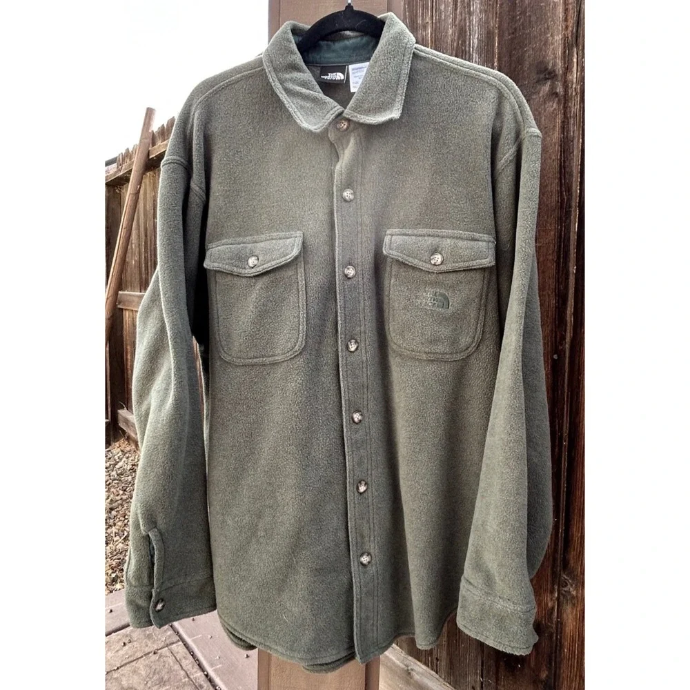 The North Face Fleece Shirt Jacket Shacket Mens M Olive Green Button